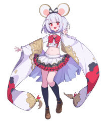 Rule 34 | 1girl, :d, absurdres, animal ears, black bow, black socks, bow, brooch, brown footwear, full body, granblue fantasy, hair bow, heart, heart brooch, highres, jewelry, kneehighs, loafers, looking at viewer, midriff, mouse ears, navel, ohihil, open mouth, pleated skirt, red eyes, shoes, short hair, simple background, skirt, smile, socks, solo, v, vikala (granblue fantasy), white background, white hair, white skirt, white sleeves, wide sleeves