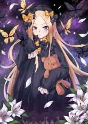 Rule 34 | 1girl, abigail williams (fate), absurdres, black bow, black dress, black hat, blonde hair, blue eyes, bow, bug, butterfly, dated, dress, fate/grand order, fate (series), flower, frills, hair bow, hat, highres, holding, holding stuffed toy, hugging object, insect, iris (flower), long hair, looking at viewer, orange bow, petals, ribbed dress, sleeves past fingers, sleeves past wrists, solo, stuffed animal, stuffed toy, teddy bear, very long hair, zui ai shuang mawei