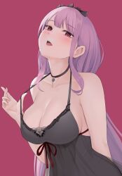 Rule 34 | 1girl, arm behind back, bare arms, bare shoulders, black dress, blush, breasts, choker, cleavage, collarbone, dress, hand up, head tilt, highres, hololive, hololive english, large breasts, lips, long hair, looking at viewer, mori calliope, open mouth, pink hair, pulling own clothes, red background, red choker, red eyes, red ribbon, ribbon, seductive smile, see-through, sidelocks, simple background, smile, solo, spaghetti strap, straight hair, strap pull, swept bangs, teeth, tiara, tongue, underbust, upper body, upper teeth only, vii22581034, virtual youtuber