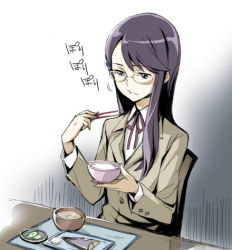 Rule 34 | 10s, bowl, buttoned cuffs, buttons, chair, chopsticks, eating, fish, food, glasses, heartcatch precure!, long hair, lowres, meal, minato fumi, precure, purple hair, rice bowl, solo, soup, table, tsukikage yuri