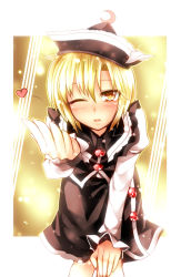 Rule 34 | 1girl, blonde hair, blowing kiss, blush, female focus, hand on own knee, hat, heart, kazetto, leaning forward, lunasa prismriver, one eye closed, outstretched hand, shirt, short hair, skirt, skirt set, solo, touhou, wink, yellow eyes