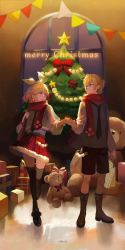 Rule 34 | 1boy, 1girl, anniversary, artist name, bag, black neckwear, black shorts, black thighhighs, blonde hair, blue eyes, boots, bow, bowtie, box, chinese commentary, christmas, christmas tree, cmiao, commentary, earrings, full body, fur-trimmed skirt, fur trim, gift, gift box, grey shirt, hair bow, hair ornament, hairclip, highres, holding hands, indoors, jewelry, kagamine len, kagamine rin, looking at another, merry christmas, necktie, night, night sky, open mouth, paw print, red scarf, red skirt, scarf, shirt, short hair, short ponytail, shorts, shoulder bag, skirt, sky, smile, star (sky), star (symbol), star earrings, star ornament, starry sky, string of flags, stuffed animal, stuffed toy, swept bangs, teddy bear, thighhighs, vocaloid, white bow