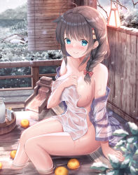 Rule 34 | 1girl, ahoge, aqua eyes, bad id, bad pixiv id, blush, bow, braid, breasts, brown hair, bucket, closed mouth, collarbone, commentary request, covering privates, day, food, fruit, hair bow, hair flaps, hair ornament, hair over shoulder, kantai collection, lantern, large breasts, long hair, long sleeves, looking at viewer, nose blush, nude, nude cover, off shoulder, open clothes, outdoors, red bow, rubber duck, see-through, shigure (kancolle), shigure kai ni (kancolle), shirakawako, single braid, sitting, smile, snowing, soaking feet, solo, tokkuri, water, wet towel, winter, wooden bucket, yuzu (fruit), yuzu bath
