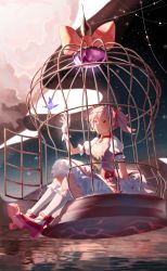 Rule 34 | 1girl, absurdres, birdcage, blue butterfly, bow, bug, butterfly, buttons, cage, chinese commentary, choker, cloud, collar, commentary request, dress, frilled dress, frilled sleeves, frilled socks, frills, full body, gloves, hair bow, hand up, highres, insect, kaname madoka, kneehighs, lan2546426, magical girl, mahou shoujo madoka magica, mahou shoujo madoka magica (anime), night, night sky, outdoors, pink dress, pink hair, puffy short sleeves, puffy sleeves, reaching, red bow, red choker, red collar, red eyes, red footwear, shoes, short hair, short sleeves, short twintails, sitting, sky, smile, socks, solo, soul gem, star (sky), starry sky, tears, twintails, water, white gloves, white socks