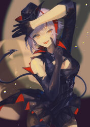 Rule 34 | 1girl, absurdres, ahoge, ambience synesthesia, antenna hair, arknights, arm up, belt, belt buckle, black belt, black dress, black gloves, black hat, black pantyhose, black tail, blurry, blurry background, breasts, buckle, chest belt, chest strap, cleavage, cleavage cutout, clothing cutout, commentary request, cowboy shot, demon girl, demon horns, demon tail, depth of field, dress, drop shadow, dyed ahoge, elbow gloves, eyelashes, gloves, grey hair, half-closed eye, hand up, hat, high belt, high collar, highres, horns, index finger raised, large breasts, long sleeves, looking at viewer, miike (992058), multiple belts, o-ring, official alternate costume, open mouth, outstretched hand, pantyhose, pleated dress, popped collar, red horns, shadow, short dress, short hair, showgirl skirt, single bare shoulder, single elbow glove, single sleeve, smile, smirk, smug, solo, spotlight, standing, tail, teeth, tongue, torn clothes, torn dress, torn gloves, torn pantyhose, two-sided dress, two-sided fabric, underbust, w (arknights), w (wanted) (arknights), yellow eyes