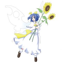 Rule 34 | 1girl, absurdres, blue eyes, blue hair, fairy, female focus, flower, full body, gomi (pixiv), highres, isaki (gomi), matching hair/eyes, solo, sunflower, sunflower fairy (touhou), touhou, transparent background, wings