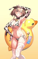 Rule 34 | 1girl, 2v (joyeong), absurdres, animal ears, animal print, arm up, bikini, breasts, brown eyes, brown hair, cleavage, cow ears, cow horns, cow print, cow tail, ear tag, front-tie bikini top, front-tie top, gradient background, grin, hair ornament, hand on own hip, highres, horns, innertube, large breasts, navel, original, print bikini, rubber duck, short hair, side-tie bikini bottom, skindentation, smile, solo, stomach, swim ring, swimsuit, tail, thighhighs, thighs, wet, white thighhighs, yellow background