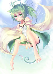 Rule 34 | 1girl, animal ears, barefoot, blush, cat ears, cat tail, day, duel monster, feet, green eyes, green hair, highres, jewelry, long hair, looking at viewer, matching hair/eyes, necklace, shintani tsushiya, sky, solo, tail, toes, wynn the wind charmer, yu-gi-oh!, yu-gi-oh! duel monsters