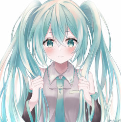 Rule 34 | 1girl, bare shoulders, black sleeves, blue necktie, blush, breasts, closed mouth, collared shirt, detached sleeves, green eyes, green hair, grey background, grey shirt, hair between eyes, hair ornament, hands up, hatsune miku, highres, holding, holding own hair, long hair, long sleeves, necktie, noneon319, shirt, simple background, sleeveless, sleeveless shirt, small breasts, smile, solo, twintails, unworn hair ornament, upper body, vocaloid, wide sleeves