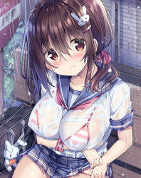 Rule 34 | 1girl, animal hair ornament, bag, bag charm, bench, between breasts, blue skirt, blush, bra, breasts, brown eyes, brown hair, bus stop, charm (object), collarbone, commentary request, covered erect nipples, hair ornament, hair ribbon, hairclip, highres, kurou (quadruple zero), large breasts, looking at viewer, original, pleated skirt, rain, ribbon, sailor collar, school bag, school uniform, see-through, shirt, sidelocks, sitting, skirt, solo, striped bra, striped clothes, underwear, water drop, wet, wet clothes, white shirt