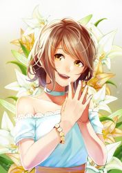 Rule 34 | 1girl, artist name, bare shoulders, bracelet, brown hair, choker, commentary request, flower, happy, jewelry, looking to the side, nail polish, original, retsuna, short hair, signature, solo, steepled fingers, yellow eyes