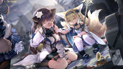 Rule 34 | 3girls, amiya (arknights), animal ears, arknights, asc11, bare shoulders, black socks, blonde hair, blue hairband, blue skirt, braided hair rings, breasts, chinese commentary, closed eyes, commentary request, crying, dress, dutch angle, flower, folinic (arknights), fox tail, grey hair, hair flower, hair ornament, hairband, highres, holding, holding flower, infection monitor (arknights), kneehighs, long hair, medium breasts, mongoose ears, mourning, multiple girls, multiple tails, off-shoulder dress, off shoulder, phonograph, short hair, sitting, skirt, socks, spoilers, suzuran (arknights), tail, tears, wariza, white dress, white flower