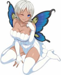 Rule 34 | 1girl, bare shoulders, blue eyes, boots, breasts, butterfly wings, cle masahiro, cleavage, dark-skinned female, dark skin, dress, elbow gloves, eyebrows, fingerless gloves, full body, gloves, highres, insect wings, large breasts, looking at viewer, medium breasts, multicolored wings, one eye closed, patti runt, short hair, silver hair, simple background, sitting, smile, solo, strapless, strapless dress, thigh boots, thighhighs, valkyrie drive, valkyrie drive -siren-, wariza, white background, white footwear, white gloves, white thighhighs, wings