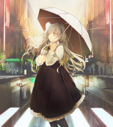 Rule 34 | 1girl, :o, ascot, bad id, bad pixiv id, black pantyhose, black skirt, blush, breasts, building, city, commentary, crosswalk, crowd, english commentary, feet out of frame, frilled skirt, frills, grey hair, hair ornament, holding, holding umbrella, intersection, large breasts, long hair, long sleeves, looking up, open mouth, original, outdoors, pantyhose, pedestrian lights, reflection, ribbed shirt, road, road sign, saijou haruki, scenery, shirt, sidewalk, sign, skirt, sky, solo focus, street, umbrella, white shirt, yellow ascot, yellow eyes