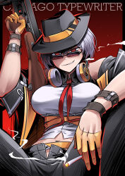 Rule 34 | 1girl, black headwear, black pants, breasts, cigarette, english text, girls&#039; frontline, glasses, gloves, grey hair, gun, highres, large breasts, looking at viewer, pants, red background, red eyes, senpaihawkkun, shirt, smile, smoking, solo, stomach, submachine gun, thompson (girls&#039; frontline), thompson submachine gun, unzipped, weapon, white shirt, yellow gloves