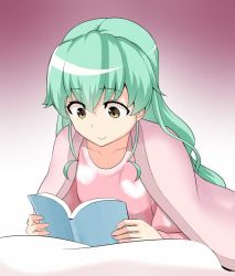 Rule 34 | 10s, 1girl, alternate hairstyle, anchovy (girls und panzer), animated, anchovy (girls und panzer), blush, book, brown eyes, closed eyes, collarbone, commentary, girls und panzer, gradient background, green hair, hair down, heart, long hair, mattari yufi, open book, open mouth, reading, shirt, smile, solo, ugoira, under covers