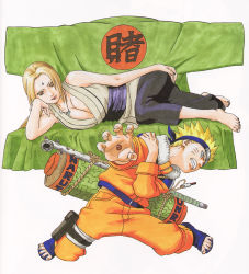 Rule 34 | 1boy, 1girl, artbook, barefoot, black nails, black pants, blonde hair, blue eyes, blue footwear, blue headband, breasts, brown eyes, cleaned, cleavage, clenched teeth, closed mouth, copyright name, cover, cover page, facial mark, feet, forehead mark, forehead protector, full body, hand on own ass, head rest, headband, highres, jacket, jewelry, kishimoto masashi, konohagakure symbol, large breasts, lips, long hair, long sleeves, lying, nail polish, naruto, naruto (series), necklace, official art, on side, orange jacket, pants, pouch, reaching, reaching towards viewer, sandals, scroll, shirt, simple background, sleeveless, sleeveless shirt, teeth, thigh pouch, thighs, toes, tsunade (naruto), uzumaki naruto, whisker markings, white background, yellow eyes