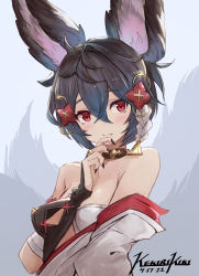 Rule 34 | 1girl, animal ear fluff, animal ears, artist name, bare shoulders, bikini, black hair, black nails, blush, bridal gauntlets, closed eyes, closed mouth, collar, collarbone, dated, erune, fang, fingernails, granblue fantasy, hair between eyes, hand on own chin, highres, large ears, long fingernails, looking at viewer, multiple tails, nail polish, punished pigeon, red eyes, short hair, simple background, solo, swimsuit, tail, upper body, white background, white bikini, you (granblue fantasy)
