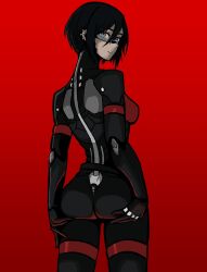 Rule 34 | 1girl, android, artist request, ass, ass grab, black hair, blue eyes, cyberpunk, elster (signalis), highres, joints, looking at viewer, mechanical parts, metal skin, red background, robot girl, robot joints, short hair, signalis, solo