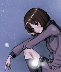 Rule 34 | 1girl, amagami, black scarf, black skirt, black socks, blush, bob cut, breasts, breath, brown hair, coat, commentary, elbow on knee, expressionless, from side, grey coat, grey sky, highres, kibito high school uniform, knees up, looking at viewer, messy hair, on ground, outdoors, scarf, school uniform, short hair, shot (shot0598), sitting, skirt, sky, small breasts, snowing, socks, solo, tachibana miya, winter, winter clothes
