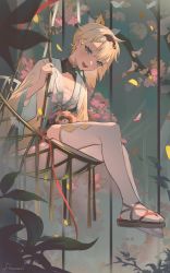 Rule 34 | 1girl, :d, absurdres, animal, animal on lap, blonde hair, branch, chest sarashi, clip studio paint (medium), drowzzi, falling leaves, green skirt, hair ornament, haori, head tilt, highres, hololive, japanese clothes, kazama iroha, leaf, leaf hair ornament, looking at viewer, on lap, open mouth, plant, pleated skirt, pokobee, ponytail, sandals, sarashi, shrug (clothing), sitting, skirt, smile, tanuki, thighhighs, upper body, vines, virtual youtuber, white thighhighs, wide sleeves
