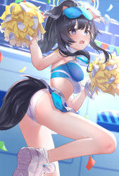 Rule 34 | 1girl, absurdres, animal ears, ass, bare shoulders, black hair, blue archive, breasts, cheerleader, commentary request, confetti, crop top, dog ears, dog girl, dog tail, goggles, goggles on head, grey eyes, hibiki (blue archive), hibiki (cheer squad) (blue archive), highres, holding, holding pom poms, large breasts, long hair, lucy (rusi-juren328), midriff, millennium cheerleader outfit (blue archive), miniskirt, open mouth, outdoors, panties, pom pom (cheerleading), pom poms, ponytail, shoes, sidelocks, skirt, sneakers, solo, tail, thighs, underwear, white footwear, white panties