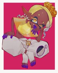 Rule 34 | 1girl, ankle socks, blonde hair, blue hair, border, breasts, colored eyelashes, colored tongue, commentary request, crop top, crossed legs, dark-skinned female, dark skin, earrings, fangs, forehead, frye (splatoon), full body, gradient hair, groin, hair ornament, hair tie, hand on own leg, harem pants, head on hand, head rest, highres, indian style, inkling, invisible chair, jewelry, long hair, midriff, multicolored hair, multiple earrings, navel, nintendo, nose, outside border, pants, pink background, pointy ears, purple tongue, sabakan13579, see-through shawl, shawl, shirt, short eyebrows, short hair, sitting, socks, solo, splatoon (series), splatoon 3, star-shaped pupils, star (symbol), symbol-shaped pupils, tentacle hair, thick eyebrows, toeless footwear, toes, tongue, tongue out, tooth earrings, two-tone hair, white border, white pants, white socks, x hair ornament, yellow eyes, yellow pupils, yellow shawl, yellow shirt