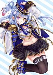 Rule 34 | 1girl, arm up, black collar, black skirt, black thighhighs, blue hat, blue neckerchief, blush, boots, breasts, brown eyes, collar, comiket, commentary request, crop top, detached collar, diagonal-striped clothes, diagonal-striped skirt, epaulettes, fingernails, gradient hair, hair between eyes, hand on headwear, hand up, hat, heterochromia, high heel boots, high heels, highres, jacket, long hair, long sleeves, medium breasts, midriff, military hat, military jacket, multicolored hair, nail polish, navel, neckerchief, open clothes, open jacket, original, parted lips, peaked cap, pinching sleeves, pisuke, pleated skirt, purple eyes, red hair, red nails, silver hair, skirt, sleeves past wrists, solo, striped background, striped clothes, striped skirt, thighhighs, very long hair, white footwear, white jacket, wide sleeves