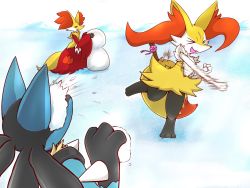 Rule 34 | &gt; &lt;, 1boy, 2girls, animal ear fluff, animal ears, animal hands, animal nose, black fur, blue fur, body fur, braixen, closed eyes, creatures (company), day, delphox, fang, fox ears, fox girl, fox tail, from behind, full body, furry, game freak, gen 4 pokemon, gen 6 pokemon, hand up, hands up, happy, highres, holding, ibutsu, in the face, jpeg artifacts, leg up, lucario, motion lines, multiple girls, nintendo, open mouth, outdoors, pokemon, pokemon (creature), red fur, sideways mouth, skin fang, smile, snout, snowball, snowball fight, snowman, spikes, standing, standing on one leg, stick, tail, throwing, upper body, white fur, wolf boy, wolf ears, yellow fur