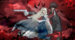 Rule 34 | 1boy, 1girl, alucard (hellsing), artist name, ascot, baggy shorts, bat (animal), black coat, black hair, blood, bloody weapon, blue jacket, blurry, cigar, coat, coat on shoulders, glasses, gun, hand in pocket, handgun, hellsing, highres, holding, holding gun, holding weapon, integra hellsing, jacket, partially opaque sunglasses, red ascot, red coat, smile, smoking, sunglasses, sword, toshimichi yukari, weapon, white coat, white hair