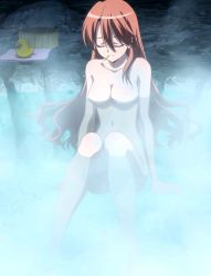 Rule 34 | 10s, 1girl, akame ga kill!, bathing, breasts, chelsea (akame ga kill!), closed eyes, highres, long hair, no nipples, nude, onsen, red hair, sitting, smile, solo, stitched, third-party edit, water