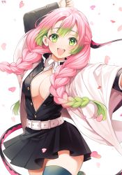 Rule 34 | 1girl, :d, belt, black skirt, braid, breasts, cleavage, green eyes, green hair, haori, holding, holding sword, holding weapon, japanese clothes, kanroji mitsuri, kimetsu no yaiba, long hair, medium breasts, minori (faddy), mole, mole under eye, multicolored hair, open mouth, petals, pink hair, simple background, skirt, smile, solo, sword, teeth, thighhighs, twin braids, two-tone hair, upper teeth only, weapon, white background, white belt, wide sleeves, zettai ryouiki