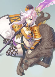 Rule 34 | 1girl, armor, belt, belt skirt, breasts, cleavage, dragon, flower, from above, fur, hair flower, hair ornament, highres, large breasts, light purple hair, long hair, looking up, midriff, multicolored hair, navel, pink hair, polearm, pom pom (clothes), purple eyes, scales, sengoku taisen, sitting, solo, tachibana ginchiyo, tachibana ginchiyo (sengoku taisen), tak (takumi fortitude), thighhighs, two-tone hair, weapon, yokozuwari