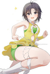 1girl antenna_hair artist_name bandeau bare_shoulders black_hair boots brown_eyes cleavage_cutout clothing_cutout commentary curled_fingers dancing foot_up frilled_shirt frills from_side green_bandeau green_shorts hair_between_eyes highres idolmaster idolmaster_(classic) idolmaster_2 idolmaster_million_live! idolmaster_million_live!_theater_days kikuchi_makoto knee_boots knee_up midriff mogskg navel shirt short_hair shorts signature sleeveless sleeveless_shirt solo standing_on_own_tail star_(symbol) stomach_cutout strapless thigh_strap tube_top twisted_torso twitter_username vital_sunflower_(idolmaster) white_background white_footwear yellow_shirt