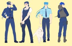 Rule 34 | 1other, alternate costume, animal, back, belt, blue hair, boots, bulletproof vest, closed mouth, collared shirt, contemporary, cu chulainn (caster) (fate), cu chulainn (fate), cu chulainn (fate) (all), cu chulainn (fate/prototype), cu chulainn (fate/stay night), cu chulainn alter (fate), cu chulainn alter (fate/grand order), dog, earrings, facepaint, fate/grand order, fate/prototype, fate/stay night, fate (series), floating hair, from behind, full body, grin, gun, hand on own hip, handgun, hat, helmet, highres, holding, holding gun, holding weapon, jewelry, lancer, legband, long hair, long sleeves, looking at viewer, looking back, male focus, multiple persona, multiple views, muscular, muscular male, necktie, one eye closed, pants, police, police badge, police dog, police hat, police uniform, policeman, ponytail, red eyes, saku (saksak1100), shirt, short sleeves, simple background, skin tight, smile, spiked hair, swat, uniform, weapon, white wolf, wolf
