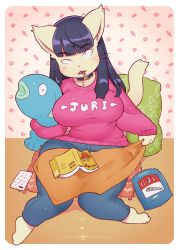 Rule 34 | 1girl, animal ears, barefoot, black eyes, blue hair, book, breasts, cat ears, cat tail, cellphone, chips (food), collar, curvy, eyebrows hidden by hair, food, furry, highres, juri-chan, kaeritai07, large breasts, long hair, looking at viewer, mouth hold, pants, phone, pillow, sanjiro (tenshin anman), sitting, stuffed toy, sweater, tail, thick thighs, thighs, whiskers, ziroro326