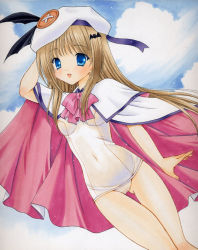 Rule 34 | 1girl, bad id, bad pixiv id, blonde hair, blue eyes, bow, cameltoe, cape, caramelbox, hat, little busters!, long hair, noumi kudryavka, one-piece swimsuit, pink bow, school swimsuit, see-through, solo, swimsuit, swimsuit under clothes, traditional media, white school swimsuit, white one-piece swimsuit