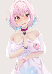 Rule 34 | 1girl, absurdres, bare shoulders, blue hair, blush, bracelet, breasts, collar, collarbone, commentary request, fang, grey background, heart, heart on chest, highres, idolmaster, idolmaster cinderella girls, jewelry, kazuha (saku kn), large breasts, lock, looking at viewer, multicolored hair, nail polish, nose blush, off-shoulder shirt, off shoulder, open mouth, padlock, pink hair, pink nails, print shirt, red eyes, ring, shirt, short hair, short sleeves, simple background, skeleton print, solo, two-tone hair, upper body, v-shaped eyebrows, white shirt, yumemi riamu