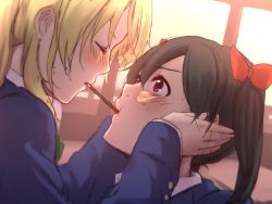 Rule 34 | 10s, 2girls, ayase eli, black hair, blazer, blonde hair, bow, face hold, female focus, food, hair bow, height difference, highres, jacket, long hair, looking at another, love live!, love live! school idol project, multiple girls, pocky, pocky day, pocky kiss, ponytail, red eyes, school uniform, scrunchie, shared food, terimayo, twintails, yazawa nico, yuri