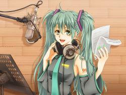 Rule 34 | 1girl, ag1eam, ahoge, bad id, bad pixiv id, detached sleeves, female focus, green eyes, green hair, hatsune miku, headphones, long hair, matching hair/eyes, microphone, necktie, open mouth, sheet music, smile, solo, studio microphone, twintails, vocaloid