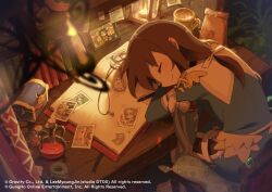 Rule 34 | 1girl, bag, blue dress, book, bow, brown hair, candle, cardinal (ragnarok online), chair, closed eyes, closed mouth, coin, commentary request, cross, dress, feet out of frame, long sleeves, open book, pocket watch, potion, ragnarok online, short hair, side slit, sleeping, sleeve bow, smile, solo, susabino tabito, table, treasure chest, watch, white bow