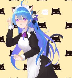 Rule 34 | 1girl, animal ears, antenna hair, apron, azur lane, blue hair, blush, cat ears, cat tail, earrings, hair ribbon, helena (azur lane), highres, jewelry, long hair, looking at viewer, maid, maid apron, open mouth, pout, purple eyes, ribbon, solo, tail, vayneeeee
