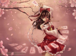 Rule 34 | 1girl, arm up, between fingers, bow, branch, brown eyes, brown hair, cherry blossoms, detached sleeves, female focus, floating, floating object, gohei, hair bow, hakurei reimu, highres, holding, japanese clothes, long hair, miko, mouth hold, ofuda, petals, pink theme, reiashford, solo, touhou, watermark, web address