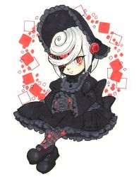 Rule 34 | angievaldezart, black dress, black gloves, dress, expressionless, full body, glitch, gloves, headdress, lolita fashion, own hands clasped, own hands together, petticoat, red eyes, sage (sonic), short hair, simple background, sitting, sonic (series), sonic frontiers, white background, white hair