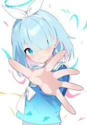 Rule 34 | 1girl, arona (blue archive), blue archive, blue eyes, blue hair, blue halo, blue shirt, blush, closed mouth, commentary, foreshortening, hair over one eye, halo, highres, looking at viewer, raimu (clanberry000), reaching, reaching towards viewer, sailor collar, shirt, short hair, smile, solo, upper body, white sailor collar
