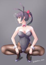 Rule 34 | 1girl, absurdres, animal ears, artist name, bare arms, bare shoulders, black leotard, bow, bowtie, breasts, brown pantyhose, cigarette, cleavage, collarbone, detached collar, eyeliner, facing viewer, fake animal ears, fine fabric emphasis, hair bow, high heels, high ponytail, highres, ishikoro 1450, leotard, lips, long hair, looking away, looking to the side, makeup, medium breasts, mole, mole under eye, mouth hold, original, pantyhose, playboy bunny, profile, pumps, purple eyes, purple hair, rabbit ears, red bow, red lips, red neckwear, shiny clothes, shiny legwear, sidelocks, simple background, smoke, smoking, spread legs, squatting, strapless, strapless leotard, twitter username, wrist cuffs