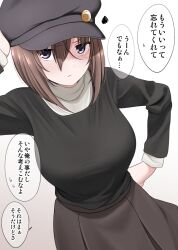 Rule 34 | 1girl, badge, black hat, breasts, brown hair, button badge, cabbie hat, frown, hair between eyes, hand on headwear, hand on own hip, hat, highres, ikari manatsu, kamihira mao, large breasts, original, pleated skirt, skirt, solo, squiggle, translation request, turtleneck