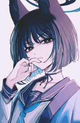 Rule 34 | 1girl, animal ears, black eyes, black hair, black nails, black sailor collar, blue archive, blue halo, blue neckerchief, cat ears, fingernails, frown, grey background, halo, haori, highres, japanese clothes, kikyou (blue archive), looking at viewer, nail polish, neckerchief, portrait, sailor collar, short hair, simple background, solo, yodistira404
