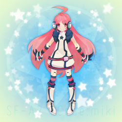 Rule 34 | 1girl, ahoge, bad id, bad pixiv id, belt, boots, dress, ech, female focus, full body, gloves, headphones, headset, highres, joints, kneehighs, long hair, multicolored clothes, multicolored legwear, pink eyes, pink hair, red eyes, robot joints, sf-a2 miki, smile, socks, solo, star (symbol), striped clothes, striped gloves, striped socks, thighhighs, very long hair, vocaloid, wrist cuffs