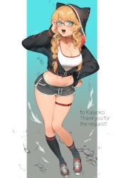 Rule 34 | !, 1girl, blonde hair, blue background, blue eyes, braid, breasts, cleavage, commentary request, commission, cropped hoodie, fangs, full body, glasses, heart, heart necklace, highres, hood, hoodie, jewelry, kneehighs, large breasts, looking at viewer, mayuri kaichou, midriff, navel, necklace, open mouth, original, short shorts, shorts, signature, simple background, skeb commission, socks, solo, teeth, thank you, thigh strap, tongue, twin braids, two-tone background, watermark, white background
